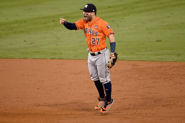 LOS ANGELES, CA - NOVEMBER 01:  Jose Altuve #27 of the Houston Astros reacts after a double play during the second inning against the Los Angeles Dodgers in game seven of the 2017 World Series at Dodger Stadium on November 1, 2017 in Los Angeles, California.  (Photo by Kevork Djansezian/Getty Images)
