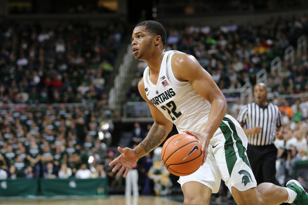 EAST LANSING, MI - OCTOBER 26: Miles Bridges #22 of the Michigan State Spartans drives to the basket in the second half against the Ferris State Bulldogs during the exhibition game at Breslin Center on October 26, 2017 in East Lansing, Michigan. (Photo by Rey Del Rio/Getty Images)