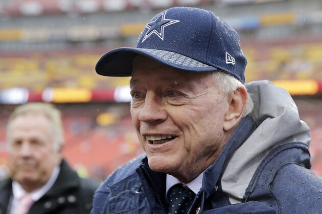 Dallas Cowboys owner and general manger Jerry Jones walks onto the field prior to an NFL football game against the Washington Redskins, Sunday, Oct. 29, 2017, in Landover, Md. (AP Photo/Mark Tenally)