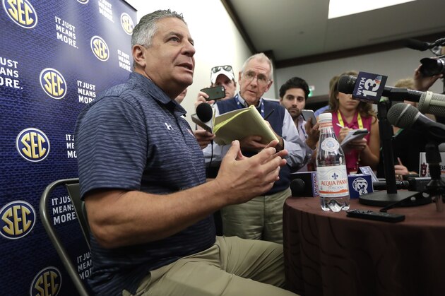 Auburn head coach Bruce Pearl answers questions during the Southeastern Conference men's NCAA college basketball media day Wednesday, Oct. 18, 2017, in Nashville, Tenn. (AP Photo/Mark Humphrey)