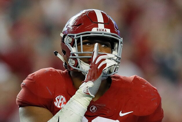 TUSCALOOSA, AL - NOVEMBER 04:  Quinnen Williams #92 of the Alabama Crimson Tide reacts after a sack against the LSU Tigers at Bryant-Denny Stadium on November 4, 2017 in Tuscaloosa, Alabama.  (Photo by Kevin C. Cox/Getty Images)