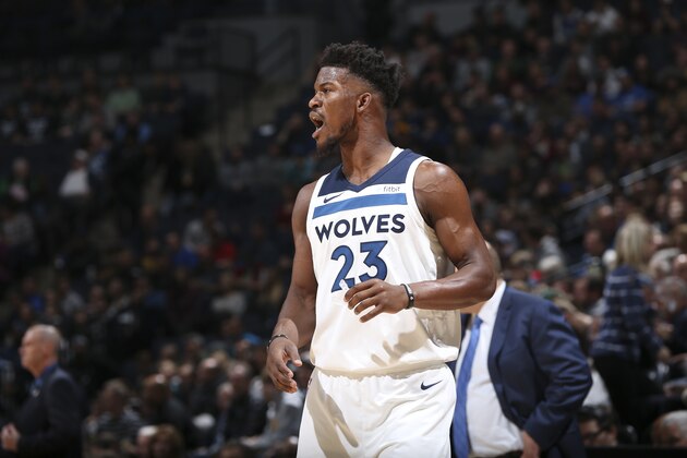 MINNEAPOLIS, MN -  NOVEMBER 4: Jimmy Butler #23 of the Minnesota Timberwolves reacts against the Dallas Mavericks on November 4, 2017 at the Target Center in Minneapolis, Minnesota. NOTE TO USER: User expressly acknowledges and agrees that, by downloading and or using this Photograph, user is consenting to the terms and conditions of the Getty Images License Agreement. Mandatory Copyright Notice: Copyright 2017 NBAE (Photo by David Sherman/NBAE via Getty Images)