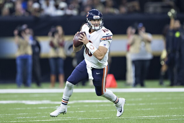 NEW ORLEANS, LA - OCTOBER 29:  Mitchell Trubisky #10 of the Chicago Bears rolls out to pass during a game against the New Orleans Saints at Mercedes-Benz Superdome on October 29, 2017 in New Orleans, Louisiana.  The Saints defeated the Bears 20-12.  (Photo by Wesley Hitt/Getty Images)