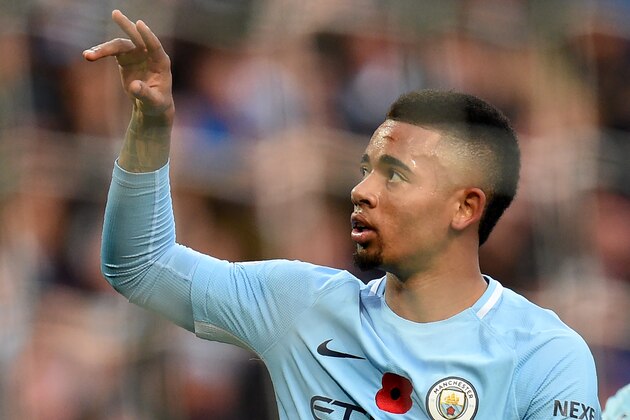 Manchester City's Brazilian striker Gabriel Jesus celebrates after scoring their third goal during the English Premier League football match between Manchester City and Arsenal at the Etihad Stadium in Manchester, north west England, on November 5, 2017. / AFP PHOTO / Oli SCARFF / RESTRICTED TO EDITORIAL USE. No use with unauthorized audio, video, data, fixture lists, club/league logos or 'live' services. Online in-match use limited to 75 images, no video emulation. No use in betting, games or single club/league/player publications.  /         (Photo credit should read OLI SCARFF/AFP/Getty Images)