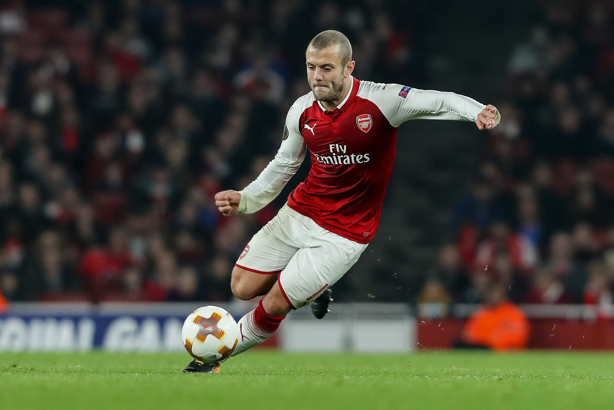 LONDON, ENGLAND - NOVEMBER 02: Jack Wilshere of Arsenal controls the ball during UEFA Europa League Group H match between Arsenal and Red Star Belgrade (Crvena Zvezda) at The Emirates , London 2 Nov 2017 (Photo by TF-Images/TF-Images via Getty Images)