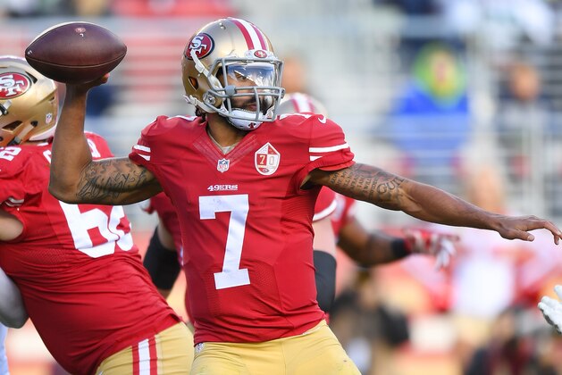 SANTA CLARA, CA - JANUARY 01:  Colin Kaepernick #7 of the San Francisco 49ers drops back to pass against the Seattle Seahawks during the second quarter of their NFL football game at Levi's Stadium on January 1, 2017 in Santa Clara, California.  (Photo by Thearon W. Henderson/Getty Images)