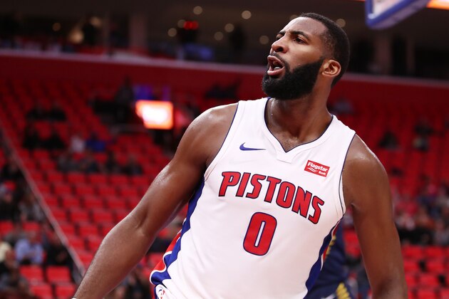 DETROIT, MI - NOVEMBER 08: Andre Drummond #0 of the Detroit Pistons reacts after a second-half dunk in action against the Indiana Pacers at Little Caesars Arena on November 9, 2017 in Detroit, Michigan. Detroit won the game 114-97. NOTE TO USER: User expressly acknowledges and agrees that, by downloading and or using this photograph, User is consenting to the terms and conditions of the Getty Images License Agreement.  (Photo by Gregory Shamus/Getty Images)