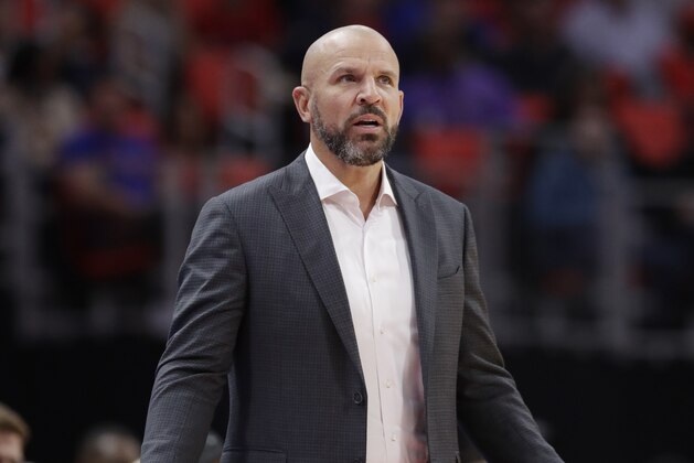 Milwaukee Bucks head coach Jason Kidd gestures from the sidelines during the first half of an NBA basketball game against the Detroit Pistons, Friday, Nov. 3, 2017, in Detroit. (AP Photo/Carlos Osorio)