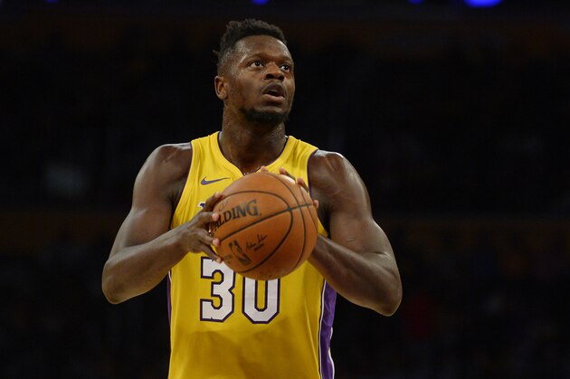 LOS ANGELES, CA - OCTOBER 31:  Julius Randle #30 of the Los Angeles Lakers attempts a free throw during the game against the Detroit Pistons on October 31, 2017 at STAPLES Center in Los Angeles, California. NOTE TO USER: User expressly acknowledges and agrees that, by downloading and or using this photograph, User is consenting to the terms and conditions of the Getty Images License Agreement.  (Photo by Robert Laberge/Getty Images)