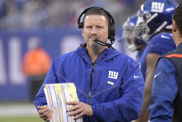 New York Giants head coach Ben McAdoo looks on during the second half of an NFL football game against the Los Angeles Rams Sunday, Nov. 5, 2017, in East Rutherford, N.J. (AP Photo/Bill Kostroun)