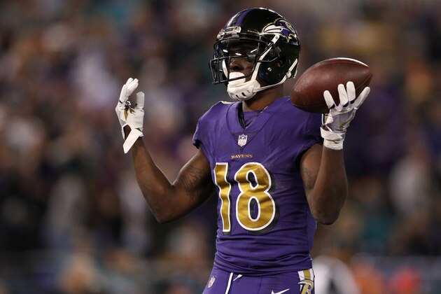 BALTIMORE, MD - OCTOBER 26: Wide Receiver Jeremy Maclin #18 of the Baltimore Ravens celebrates after a first quarter touchdown against the Miami Dolphins at M&T Bank Stadium on October 26, 2017 in Baltimore, Maryland. (Photo by Patrick Smith/Getty Images)