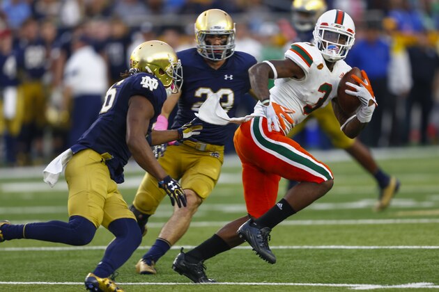 SOUTH BEND, IN - OCTOBER 29: Stacy Coley #3 of the Miami Hurricanes runs the ball during the game against the Notre Dame Fighting Irish at Notre Dame Stadium on October 29, 2016 in South Bend, Indiana. Notre Dame defeated Miami 30-27. (Photo by Michael Hickey/Getty Images)