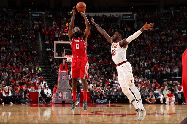HOUSTON, TX - NOVEMBER 9: James Harden #13 of the Houston Rockets shoots the ball during the game against the Cleveland Cavaliers on November 9, 2017 at Toyota Center in Houston, Texas. NOTE TO USER: User expressly acknowledges and agrees that, by downloading and/or using this photograph, user is consenting to the terms and conditions of the Getty Images License Agreement. Mandatory Copyright Notice: Copyright 2017 NBAE (Photo by Joe Murphy/NBAE via Getty Images)