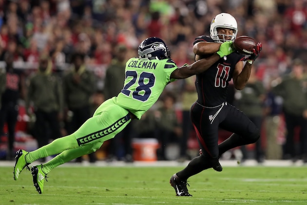 GLENDALE, AZ - NOVEMBER 09:  Wide receiver Larry Fitzgerald #11 of the Arizona Cardinals is unable to make the catch against cornerback Justin Coleman #28 of the Seattle Seahawks in the first half at University of Phoenix Stadium on November 9, 2017 in Glendale, Arizona.  (Photo by Christian Petersen/Getty Images)