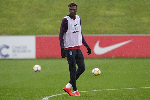 England's striker Tammy Abraham attends a training session at St George's Park in Burton-on-Trent on November 7, 2017, ahead of their friendly international matches against Germany on November 10 and Brazil on November 14. / AFP PHOTO / Paul ELLIS / NOT FOR MARKETING OR ADVERTISING USE / RESTRICTED TO EDITORIAL USE         (Photo credit should read PAUL ELLIS/AFP/Getty Images)
