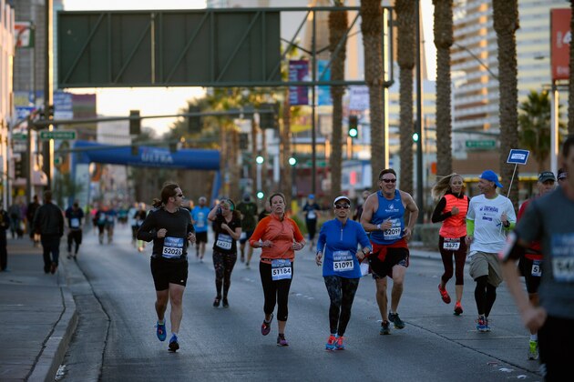 LAS VEGAS, NV - NOVEMBER 16:  Rock 'n' Roll Las Vegas Half Marathon in Las Vegas on Sunday, November 16th  benefitting the Crohns & Colitis Foundation of America. As part of the Rock 'n' Roll Running Weekend, more than 43k runners rocked the strip at night on Saturday for the inaugural 5k and on Sunday for the half marathon and marathon. Runners were treated to musical performances by Chromeo at the 5k finish line and Macklemore & Ryan Lewis at the marathon & half marathon start line festival.  (Photo by Bryan Steffy/Getty Images for Rock 'n' Roll Las Vegas Marathon)