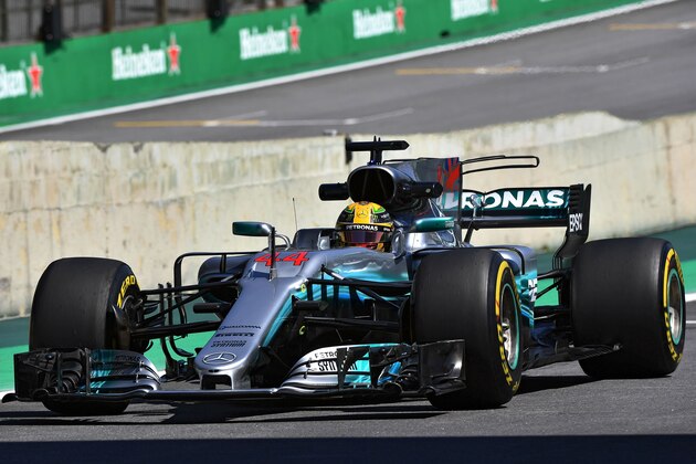 Mercedes' British driver Lewis Hamilton powers his car, during the Brazilian Formula One Grand Prix first practice session, at the Interlagos circuit in Sao Paulo, Brazil on November 10, 2017. 
 / AFP PHOTO / NELSON ALMEIDA        (Photo credit should read NELSON ALMEIDA/AFP/Getty Images)