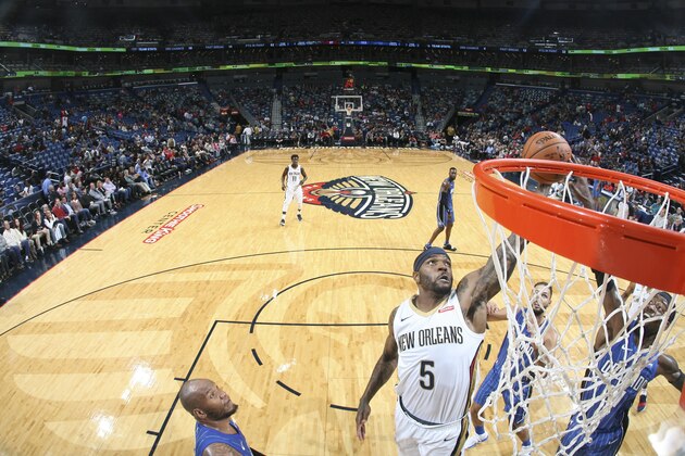 NEW ORLEANS, LA - OCTOBER 30: Josh Smith #5 of the New Orleans Pelicans shoots the ball against the Orlando Magic on October 30, 2017 at the Smoothie King Center in New Orleans, Louisiana. NOTE TO USER: User expressly acknowledges and agrees that, by downloading and or using this Photograph, user is consenting to the terms and conditions of the Getty Images License Agreement. Mandatory Copyright Notice: Copyright 2017 NBAE (Photo by Layne Murdoch/NBAE via Getty Images)