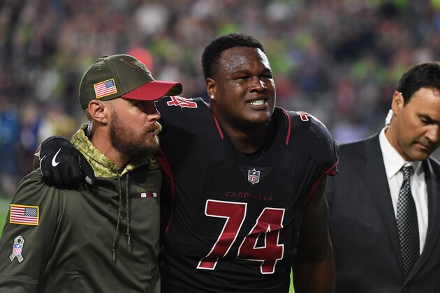 GLENDALE, AZ - NOVEMBER 09:  Offensive tackle D.J. Humphries #74 of the Arizona Cardinals is carried off the field in the in the first half of the game against the Seattle Seahawks at University of Phoenix Stadium on November 9, 2017 in Glendale, Arizona.  (Photo by Norm Hall/Getty Images)