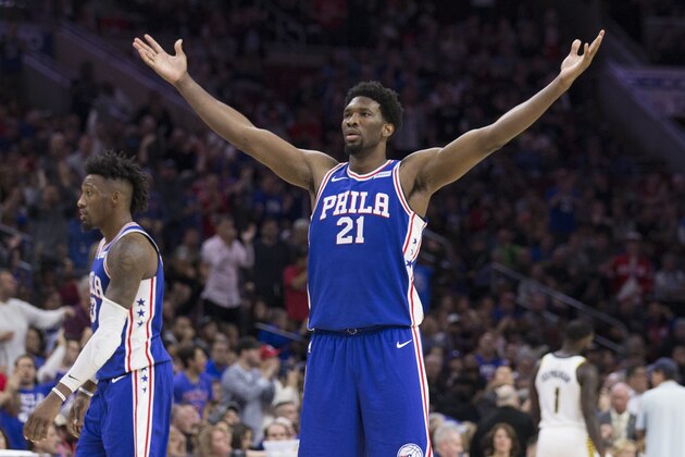 PHILADELPHIA, PA - NOVEMBER 3: Joel Embiid #21 of the Philadelphia 76ers reacts during a timeout against the Indiana Pacers at the Wells Fargo Center on November 3, 2017 in Philadelphia, Pennsylvania. NOTE TO USER: User expressly acknowledges and agrees that, by downloading and or using this photograph, User is consenting to the terms and conditions of the Getty Images License Agreement. (Photo by Mitchell Leff/Getty Images)