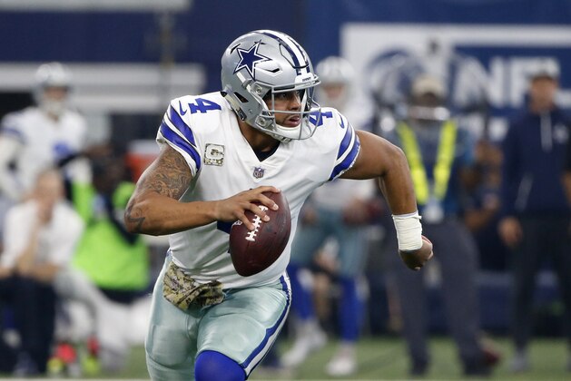 Dallas Cowboys' Dak Prescott (4) scrambles before throwing a pass during an NFL football game against the Kansas City Chiefs on Sunday, Nov. 5, 2017, in Arlington, Texas. (AP Photo/Michael Ainsworth)