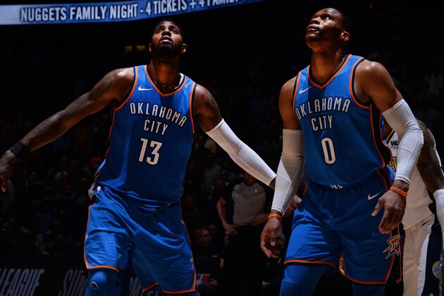 DENVER, CO - NOVEMBER 9:  Paul George #13 and Russell Westbrook #0 of the Oklahoma City Thunder react to a play against the Denver Nuggets on November 9, 2017 at the Pepsi Center in Denver, Colorado. NOTE TO USER: User expressly acknowledges and agrees that, by downloading and/or using this Photograph, user is consenting to the terms and conditions of the Getty Images License Agreement. Mandatory Copyright Notice: Copyright 2017 NBAE (Photo by Bart YoungNBAE via Getty Images)