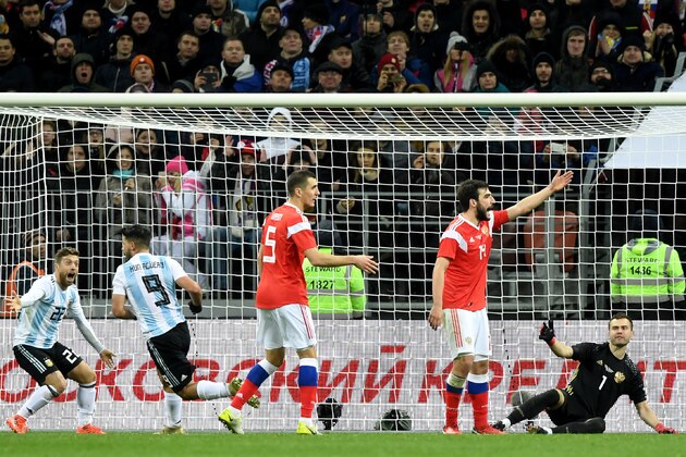 Argentina's Sergio Aguero (2nd L) celebrates after scoring a goal during an international friendly football match between Russia and Argentina at the Luzhniki stadium in Moscow on November 11, 2017. / AFP PHOTO / Kirill KUDRYAVTSEV        (Photo credit should read KIRILL KUDRYAVTSEV/AFP/Getty Images)