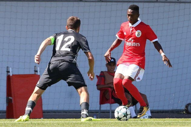 SEIXAL, PORTUGAL - SEPTEMBER 12: SL Benfica forward Umaro Embalo with CSKA Moskva defender Khetag Khosonov in action during the UEFA Youth League match between SL Benfica and CSKA Moskva at Caixa Futebol Campus on September 12, 2017 in Seixal, Portugal.  (Photo by Gualter Fatia/Getty Images)