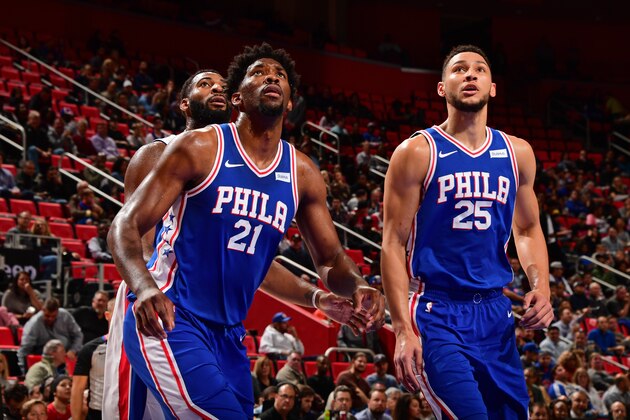 DETROIT, MI - OCTOBER 23: Joel Embiid #21 of the Philadelphia 76ers and Ben Simmons #25 of the Philadelphia 76ers on October 23, 2017 at Little Caesars Arena in Detroit, Michigan. NOTE TO USER: User expressly acknowledges and agrees that, by downloading and/or using this photograph, User is consenting to the terms and conditions of the Getty Images License Agreement. Mandatory Copyright Notice: Copyright 2017 NBAE (Photo by Chris Schwegler/NBAE via Getty Images)
