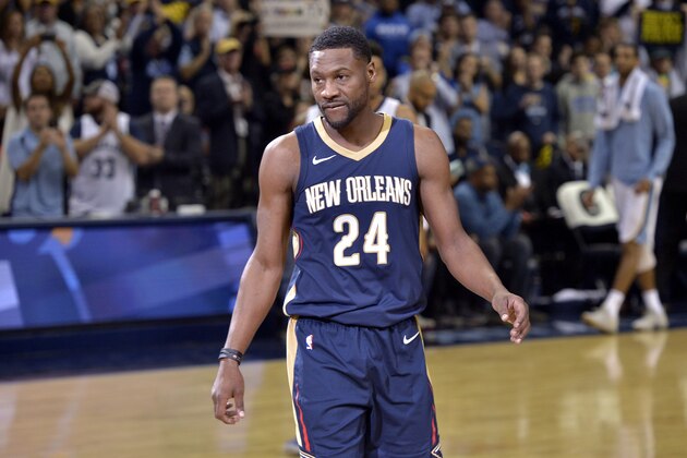 New Orleans Pelicans guard Tony Allen (24) stands on the court during a video tribute to him in the first half of an NBA basketball game against the Memphis Grizzlies Wednesday, Oct. 18, 2017, in Memphis, Tenn. (AP Photo/Brandon Dill)
