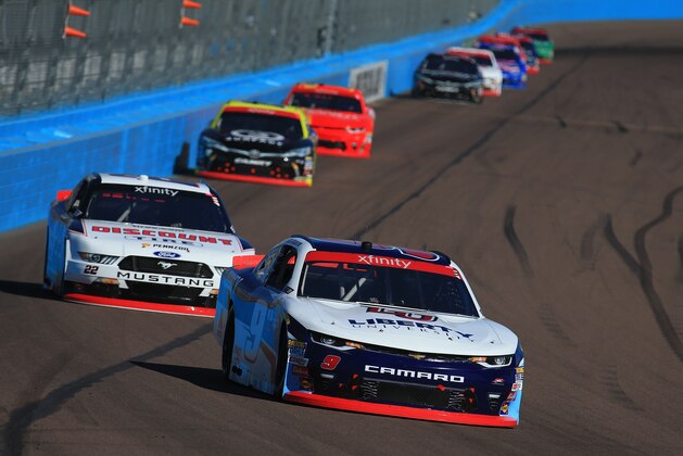 AVONDALE, AZ - NOVEMBER 11: William Byron, driver of the #9 Liberty University Chevrolet, leads a pack of cars during the NASCAR Xfinity Series Ticket Galaxy 200 at Phoenix International Raceway on November 11, 2017 in Avondale, Arizona. (Photo by Chris Trotman/Getty Images) AVONDALE, AZ - NOVEMBER 11: William Byron, driver of the #9 Liberty University Chevrolet, leads a pack of cars during the NASCAR Xfinity Series Ticket Galaxy 200 at Phoenix International Raceway on November 11, 2017 in Avondale, Arizona. (Photo by Chris Trotman/Getty Images)