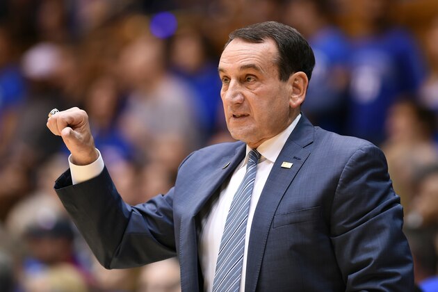 DURHAM, NC - NOVEMBER 10: Head coach Mike Krzyzewski of the Duke Blue Devils directs his team against the Elon Phoenix at Cameron Indoor Stadium on November 10, 2017 in Durham, North Carolina. Duke won 97-68. (Photo by Lance King/Getty Images)