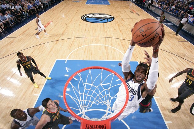 DALLAS, TX - OCTOBER 18:  Nerlens Noel #3 of the Dallas Mavericks dunks the ball against the Atlanta Hawks at the American Airlines Center in Dallas, Texas on October 18, 2017. NOTE TO USER: User expressly acknowledges and agrees that, by downloading and/or using this photograph, user is consenting to the terms and conditions of the Getty Images License Agreement. Mandatory Copyright Notice: Copyright 2017 NBAE (Photo by Glenn James/NBAE via Getty Images)