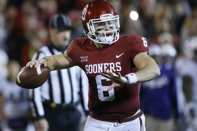 Oklahoma quarterback Baker Mayfield (6) throws in the second quarter of an NCAA college football game against TCU in Norman, Okla., Saturday, Nov. 11, 2017. (AP Photo/Sue Ogrocki)