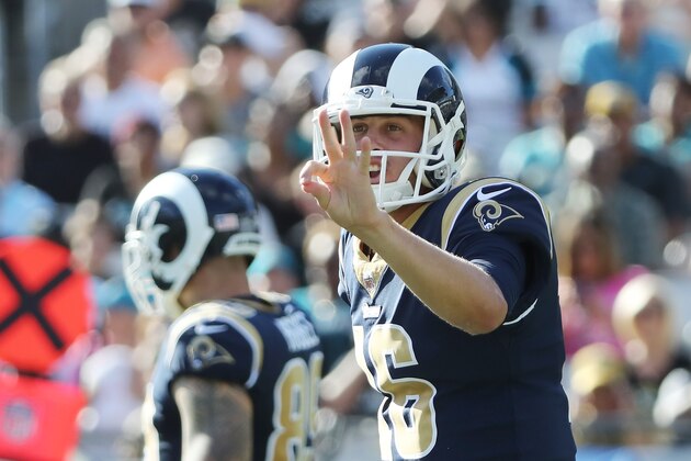 JACKSONVILLE, FL - OCTOBER 15:  Jared Goff #16 of the Los Angeles Rams calls a play in the first half of their game against the Jacksonville Jaguars at EverBank Field on October 15, 2017 in Jacksonville, Florida.  (Photo by Sam Greenwood/Getty Images)
