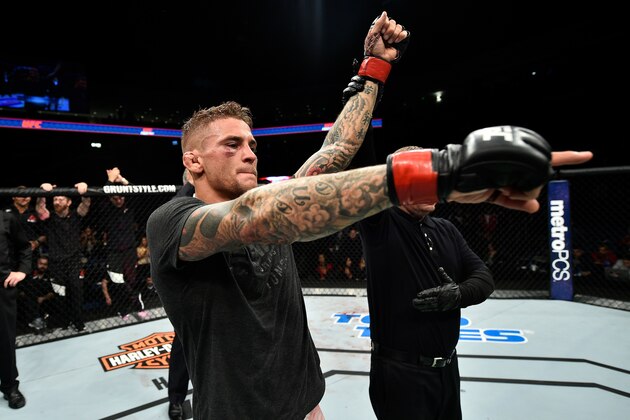 NORFOLK, VA - NOVEMBER 11:  Dustin Poirier celebrates after defeating Anthony Pettis by TKO in their lightweight bout during the UFC Fight Night event inside the Ted Constant Convention Center on November 11, 2017 in Norfolk, Virginia. (Photo by Brandon Magnus/Zuffa LLC/Zuffa LLC via Getty Images)