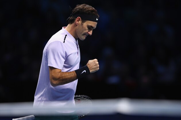 LONDON, ENGLAND - NOVEMBER 12:  Roger Federer of Switzerland celebrates a point against Jack Sock of the United States during the Nitto ATP World Tour Finals at O2 Arena on  November 12, 2017 in London, England.  (Photo by Clive Brunskill/Getty Images)