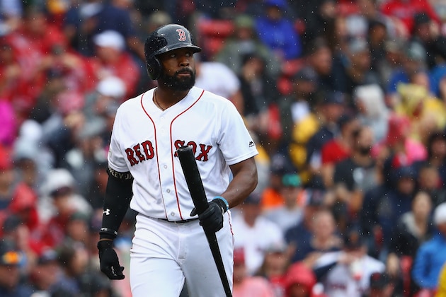 BOSTON, MA - OCTOBER 09:  Jackie Bradley Jr. #19 of the Boston Red Sox reacts after striking out in the fourth inning against the Houston Astros during game four of the American League Division Series at Fenway Park on October 9, 2017 in Boston, Massachusetts.  (Photo by Maddie Meyer/Getty Images)