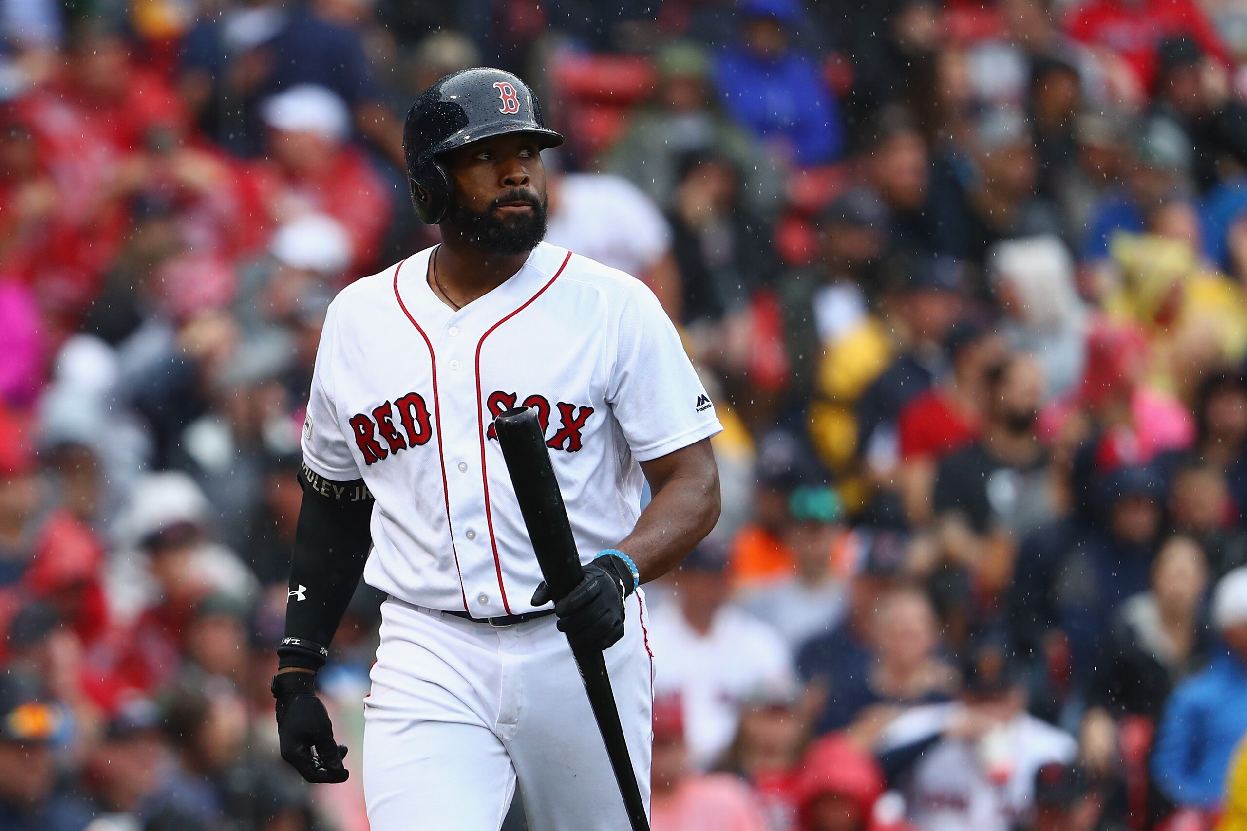 BOSTON, MA - OCTOBER 09:  Jackie Bradley Jr. #19 of the Boston Red Sox reacts after striking out in the fourth inning against the Houston Astros during game four of the American League Division Series at Fenway Park on October 9, 2017 in Boston, Massachusetts.  (Photo by Maddie Meyer/Getty Images)