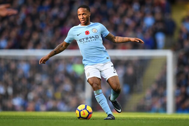 Manchester City's English midfielder Raheem Sterling controls the ball during the English Premier League football match between Manchester City and Arsenal at the Etihad Stadium in Manchester, north west England, on November 5, 2017. / AFP PHOTO / Paul ELLIS / RESTRICTED TO EDITORIAL USE. No use with unauthorized audio, video, data, fixture lists, club/league logos or 'live' services. Online in-match use limited to 75 images, no video emulation. No use in betting, games or single club/league/player publications.  /         (Photo credit should read PAUL ELLIS/AFP/Getty Images)