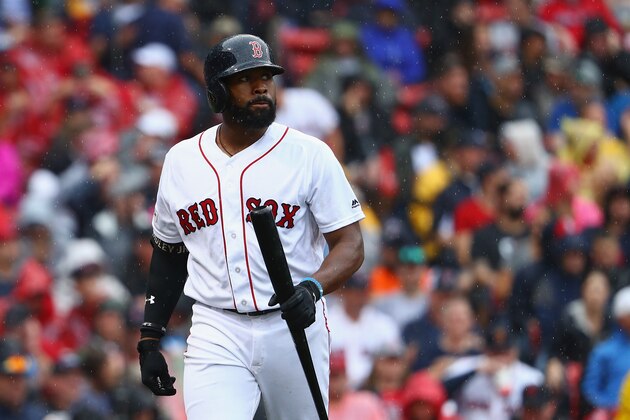 BOSTON, MA - OCTOBER 09:  Jackie Bradley Jr. #19 of the Boston Red Sox reacts after striking out in the fourth inning against the Houston Astros during game four of the American League Division Series at Fenway Park on October 9, 2017 in Boston, Massachusetts.  (Photo by Maddie Meyer/Getty Images)