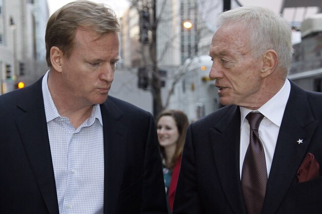 Roger Goodell, NFL commissioner, left, and Jerry Jones, owner of the Dallas Cowboys talk as they leave after negotiations with the NFL Players Association involving a federal mediator broke down without an agreement Friday, March 11, 2011 in Washington.(AP Photo/Alex Brandon)