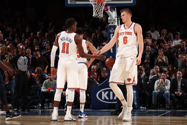 NEW YORK, NY - NOVEMBER 5: Kristaps Porzingis #6 and Frank Ntilikina #11 of the New York Knicks high five during the game against the Indiana Pacers on November 5, 2017 at Madison Square Garden in New York City, New York.  NOTE TO USER: User expressly acknowledges and agrees that, by downloading and or using this photograph, User is consenting to the terms and conditions of the Getty Images License Agreement. Mandatory Copyright Notice: Copyright 2017 NBAE  (Photo by Nathaniel S. Butler/NBAE via Getty Images)
