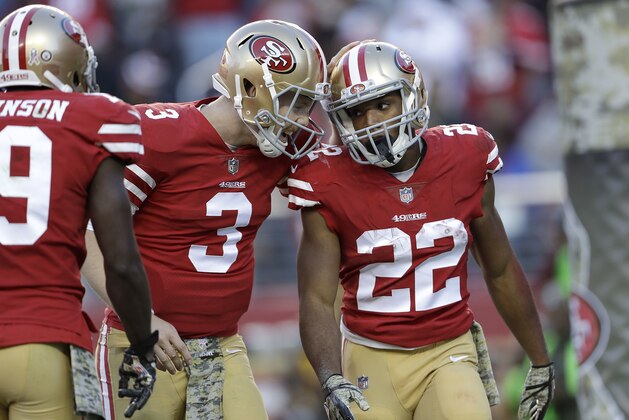 San Francisco 49ers running back Matt Breida (22) is congratulated by quarterback C.J. Beathard (3) after scoring a touchdown against the New York Giants during the second half of an NFL football game in Santa Clara, Calif., Sunday, Nov. 12, 2017. (AP Photo/Marcio Jose Sanchez) San Francisco 49ers running back Matt Breida (22) is congratulated by quarterback C.J. Beathard (3) after scoring a touchdown against the New York Giants during the second half of an NFL football game in Santa Clara, Calif., Sunday, Nov. 12, 2017. (AP Photo/Marcio Jose Sanchez)