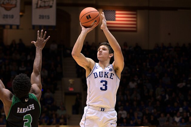 DURHAM, NC - NOVEMBER 11: Grayson Allen #3 of the Duke Blue Devils puts up a shot against the Utah Valley Wolverines at Cameron Indoor Stadium on November 11, 2017 in Durham, North Carolina. Duke won 99-69. (Photo by Lance King/Getty Images)