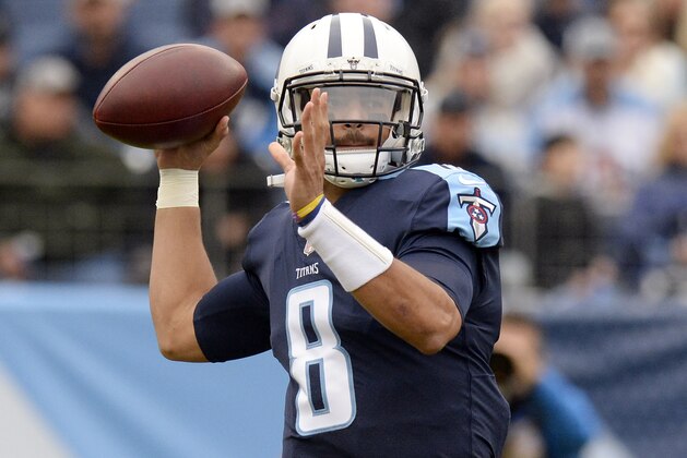 Tennessee Titans quarterback Marcus Mariota passes against the Cincinnati Bengals before an NFL football game Sunday, Nov. 12, 2017, in Nashville, Tenn. (AP Photo/Mark Zaleski)