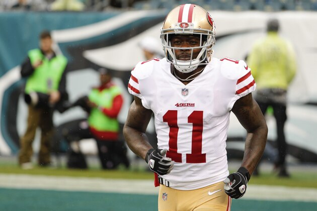 San Francisco 49ers wide receiver Marquise Goodwin look son during an NFL football game against the Philadelphia Eagles, Sunday, Oct. 29, 2017, in Philadelphia. (AP Photo/Chris Szagola)