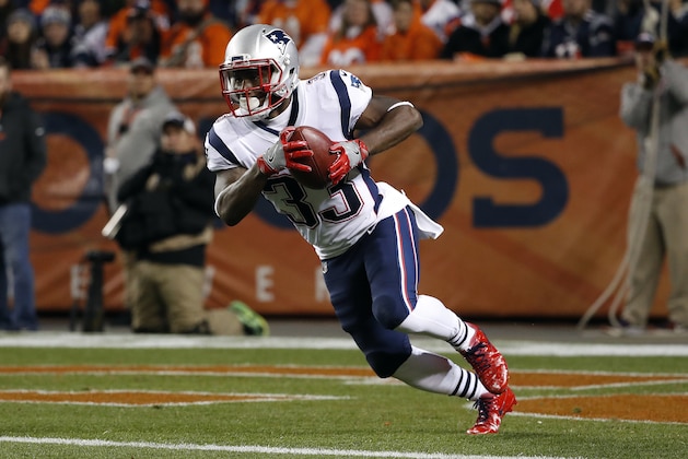 New England Patriots running back Dion Lewis (33) runs back a kick-off for a touchdown against the Denver Broncos during the first half of an NFL football game, Sunday, Nov. 12, 2017, in Denver. (AP Photo/Jack Dempsey) New England Patriots running back Dion Lewis (33) runs back a kick-off for a touchdown against the Denver Broncos during the first half of an NFL football game, Sunday, Nov. 12, 2017, in Denver. (AP Photo/Jack Dempsey)
