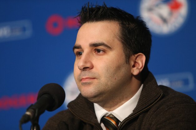 TORONTO, CANADA - JANUARY 17: General manager Alex Anthopoulos of the Toronto Blue Jays at a press conference introducing Jose Reyes #7 at Rogers Centre on January 17, 2013 in Toronto, Ontario, Canada. (Photo by Tom Szczerbowski/Getty Images)