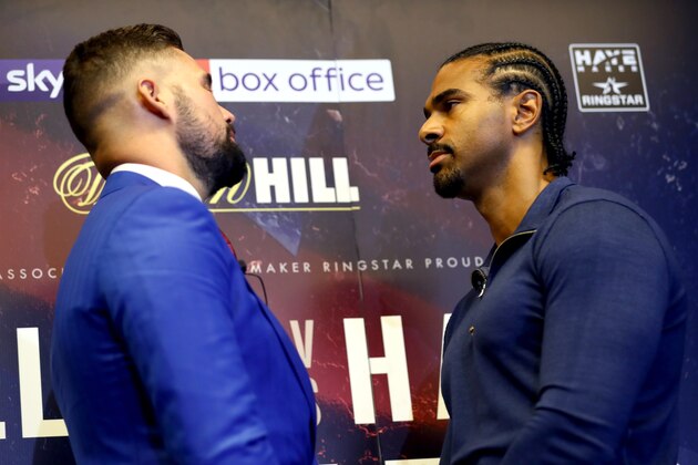 LONDON, ENGLAND - OCTOBER 04:  Tony Bellew and David Haye face up to each other during a press conference at the Park Plaza Hotel on October 4, 2017 in London, England. Haye and Bellew will face each other in a heavyweight contest at the O2 Arena in London on December 17.  (Photo by Dan Istitene/Getty Images)